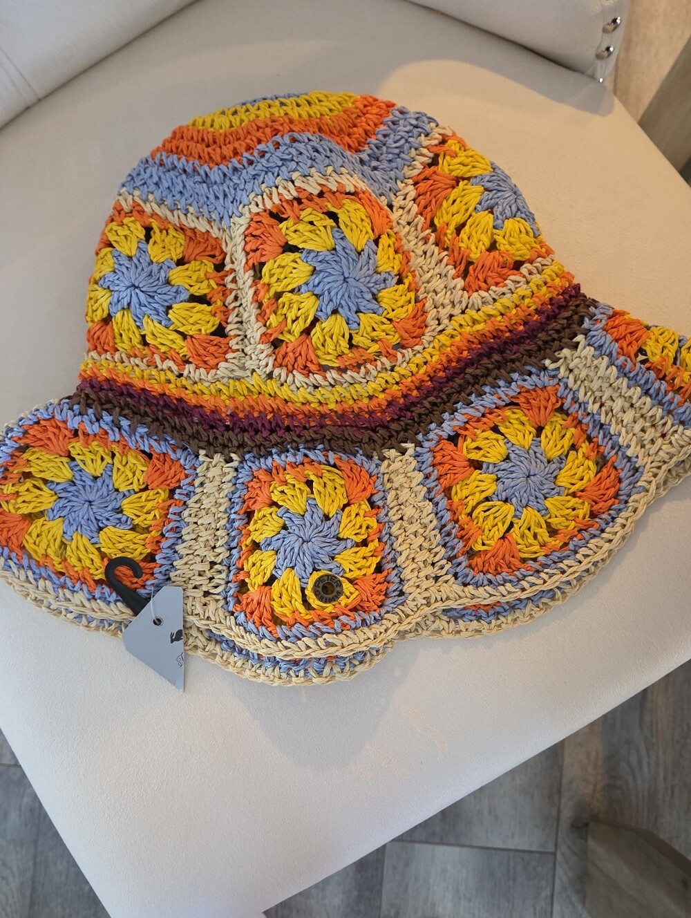 Peter Grimm Fergie Crochet Sun Hat Orange Blue Granny Square Boho Packable